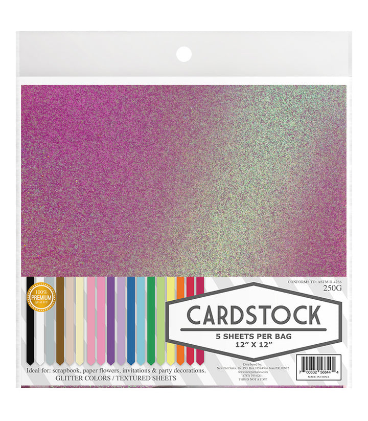 Glitter Iridescent Colors Cardstock, 250gms 12" x 12", 5 pcs. 10-Pack