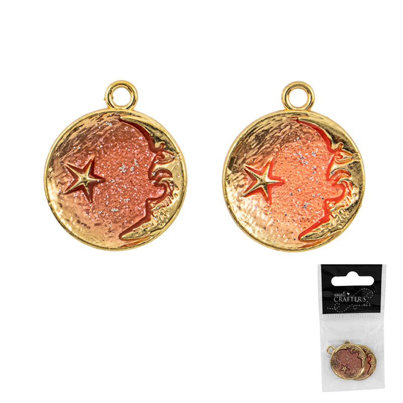 Alloy Moon Pendant, Gold and Pink, 2 Pieces