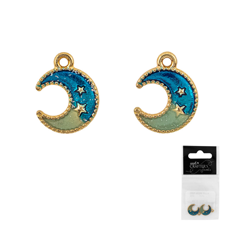 Alloy Moon Pendant, Green and Blue, 2 Pieces