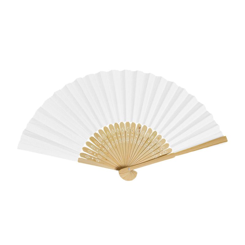 Handheld Folding Fan with Wooden Handle, 14" Inches, White Color, 1 Piece