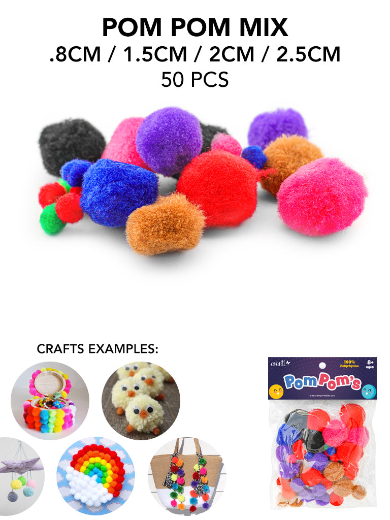 50 pcs Pompoms by Avanti, Mixed Sizes, Crafts Fuzzy Pom Poms Balls, Variety of Colors for DIY Creative Crafts Decorations