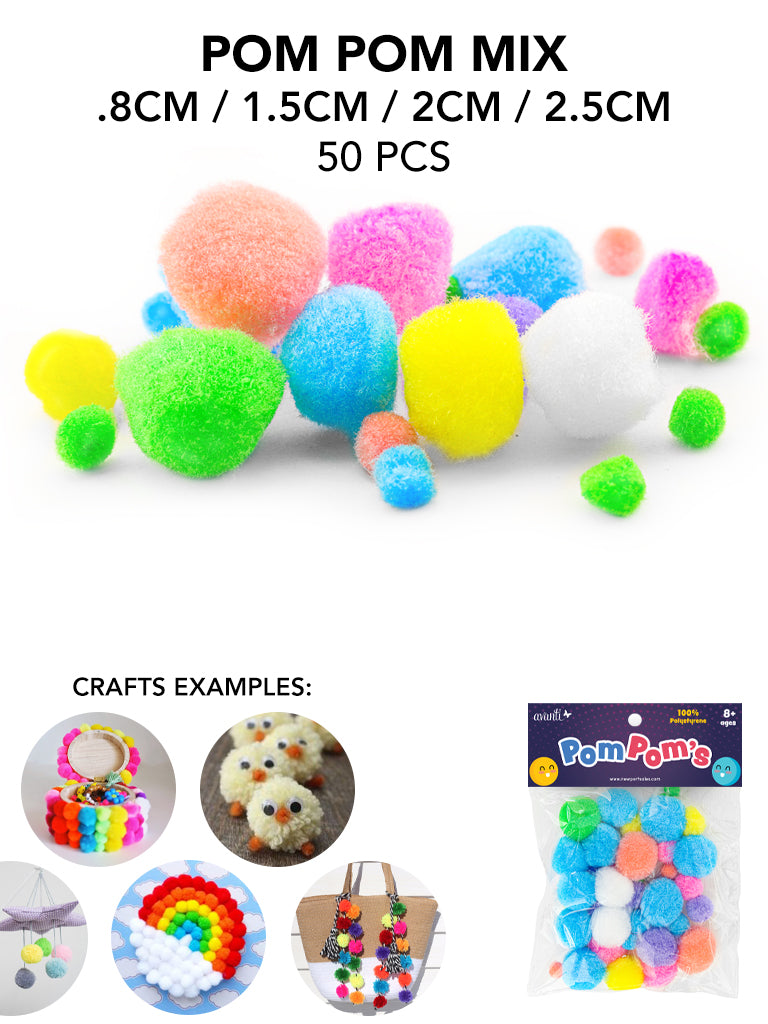 50 pcs Pompoms by Avanti, Mixed Sizes, Crafts Fuzzy Pom Poms Balls, Variety of Colors for DIY Creative Crafts Decorations, 12-Pack