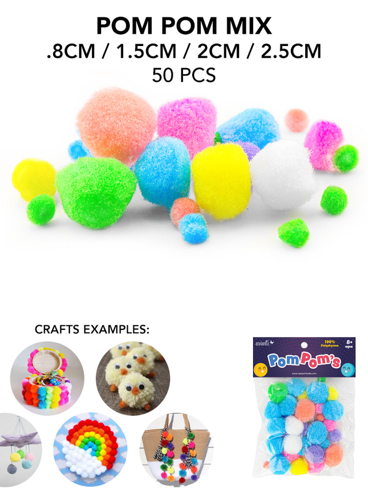 50 pcs Pompoms by Avanti, Mixed Sizes, Crafts Fuzzy Pom Poms Balls, Variety of Colors for DIY Creative Crafts Decorations, 12-Pack