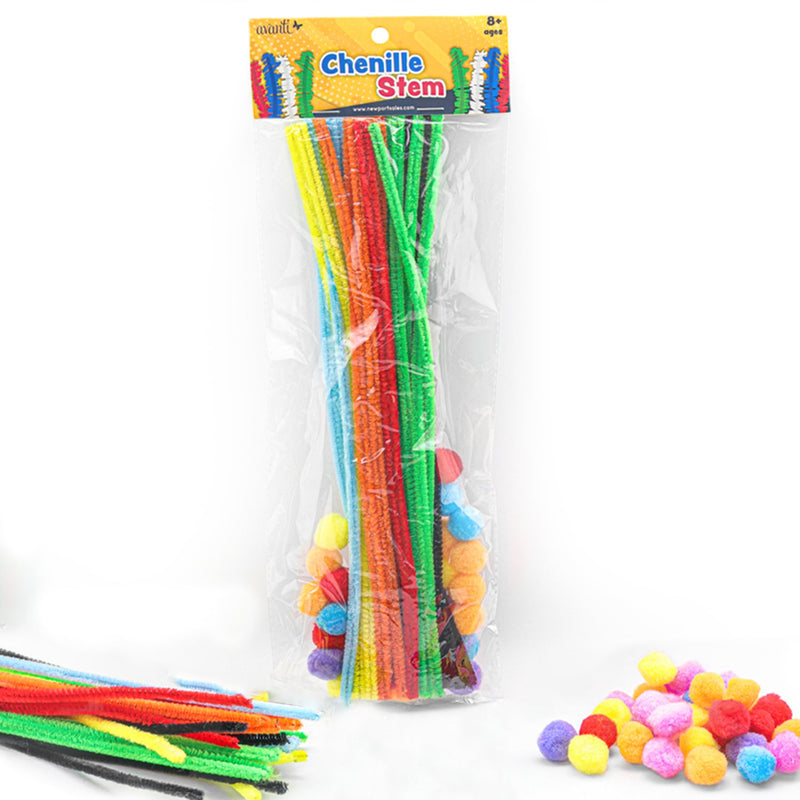 Pipe Cleaners Crafts Set by Avanti, Mixed Color, Pipe Cleaners Chenille Stem and Pompoms for Craft DIY Art Supplies, 30 Pieces
