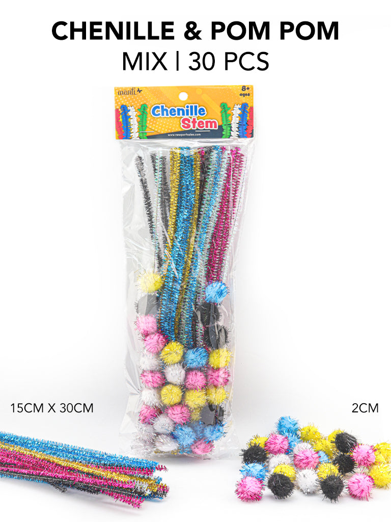 Pipe Cleaners Crafts Set by Avanti, Mixed Color, Pipe Cleaners Chenille Stem and Pompoms for Craft DIY Art Supplies, 30 Pieces