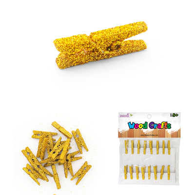 Golden Glitter Wood Clips, Wooden Clothespins of 1" Inches for Art Crafts, Gold & Silver, 16 Pcs