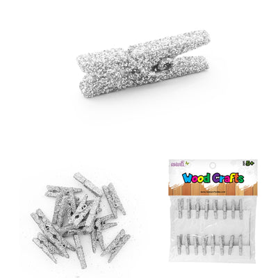 Golden Glitter Wood Clips, Wooden Clothespins of 1" Inches for Art Crafts, Gold & Silver, 16 Pcs