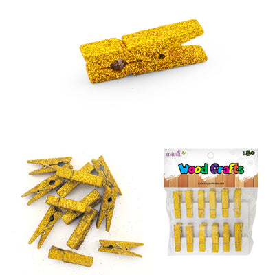 Golden Glitter Wood Clips, Wooden Clothespins for Art Crafts, 1.5"  Inches, Gold & Silver, 12 Pcs,   12-Pack