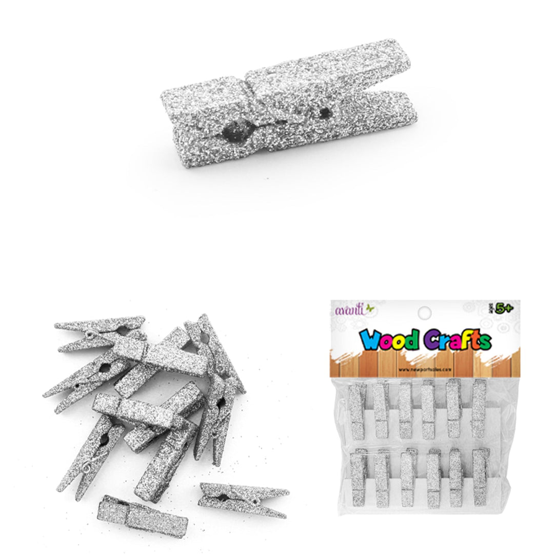 Golden Glitter Wood Clips, Wooden Clothespins for Art Crafts, 1.5"  Inches, Gold & Silver, 12 Pcs,   12-Pack