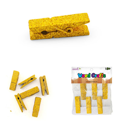 Golden Glitter Wood Clips, Wooden Clothespins for Art Crafts, 2" Inches, Gold & Silver, 6 Pcs