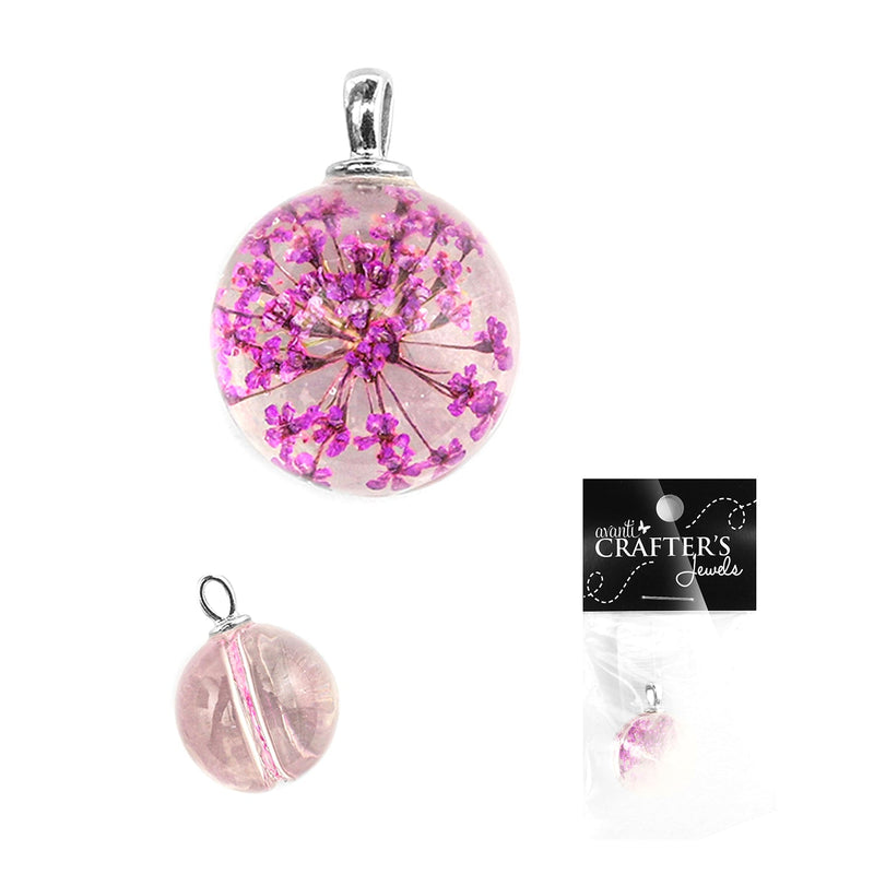 Glass Pendant Charm, Pink Flowers Style, 1 Pieces, 12-Pack