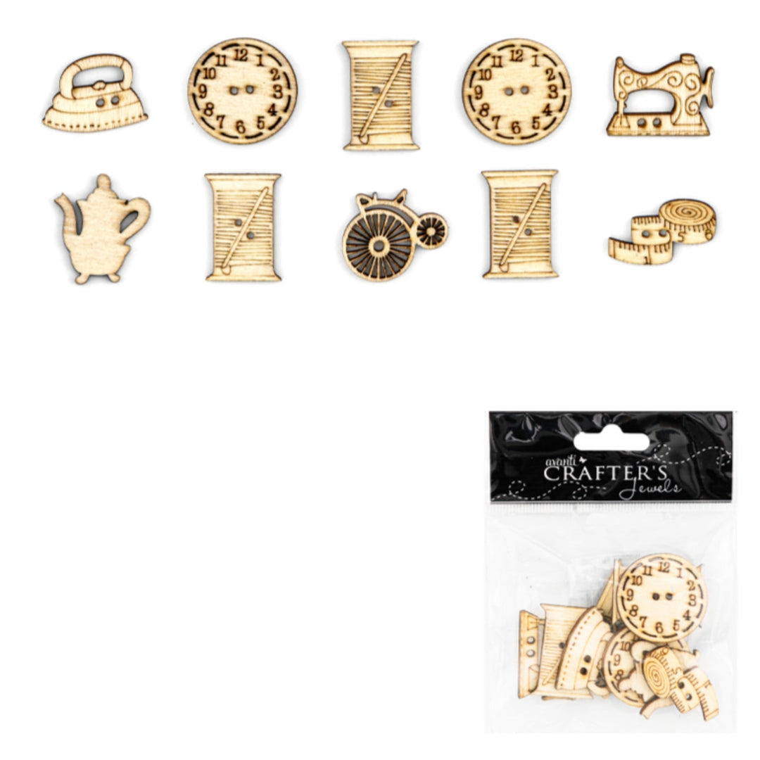 Wooden Buttons, Variety Shape, Brown, 10 Pieces