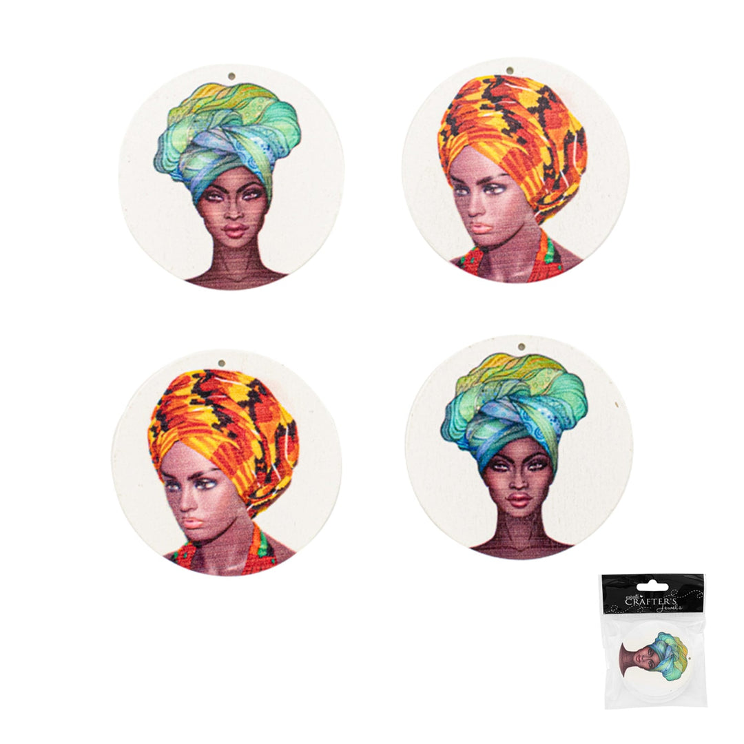 Wooden Big Pendant, Black Women Image, 4 Pieces, 12-Pack