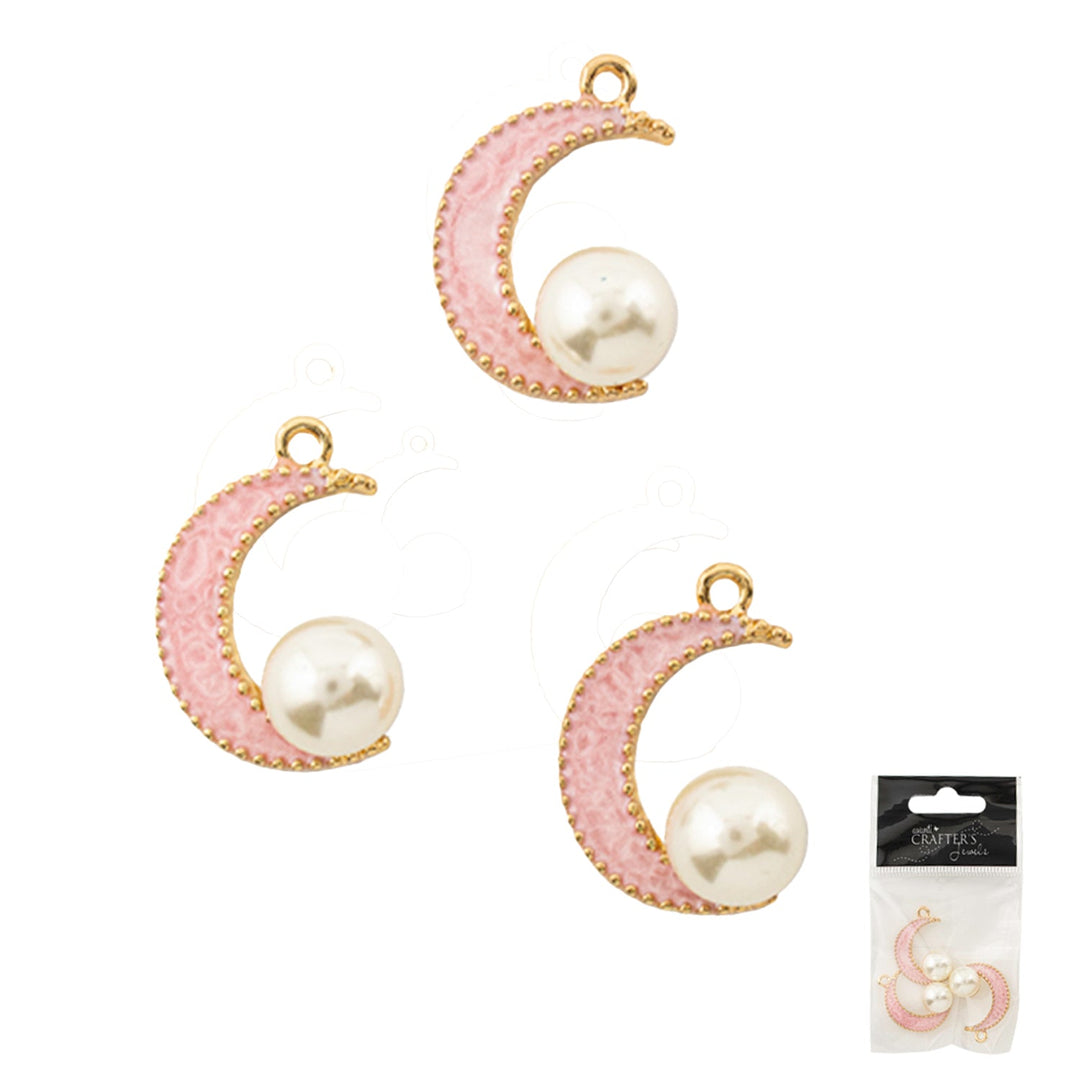 Alloy Moon Pendant Charm, Pink, 12 pack of 3 pcs