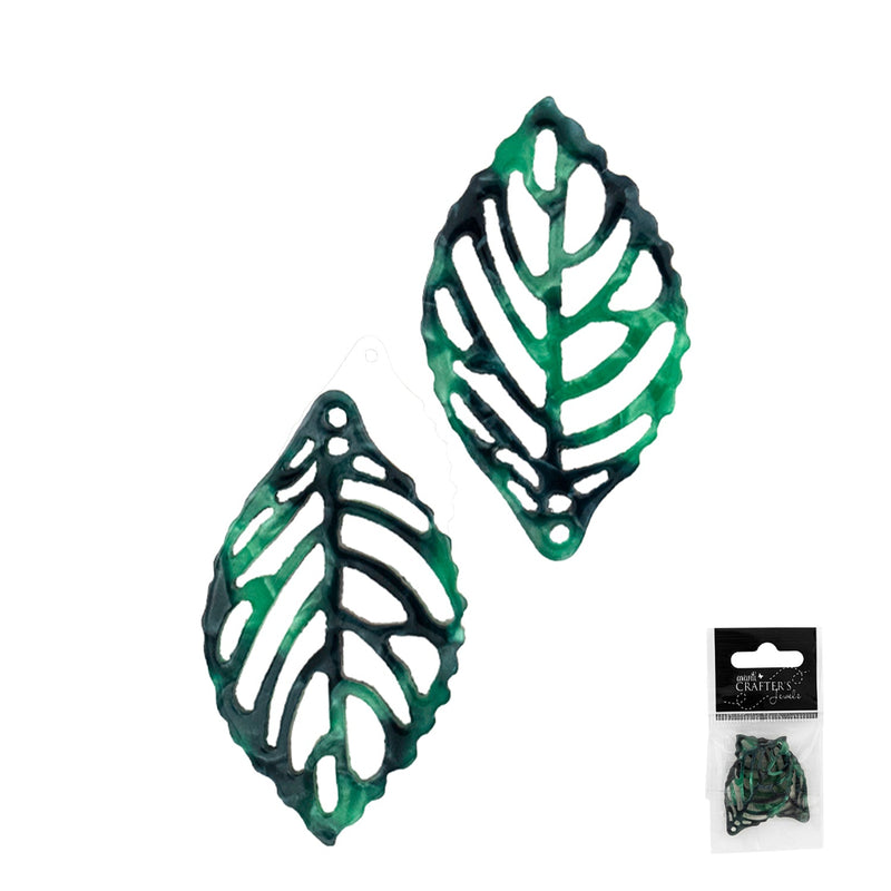 Leaf Pendant Charm, Resin, Green and Black, 2 Pieces, 12-Pack