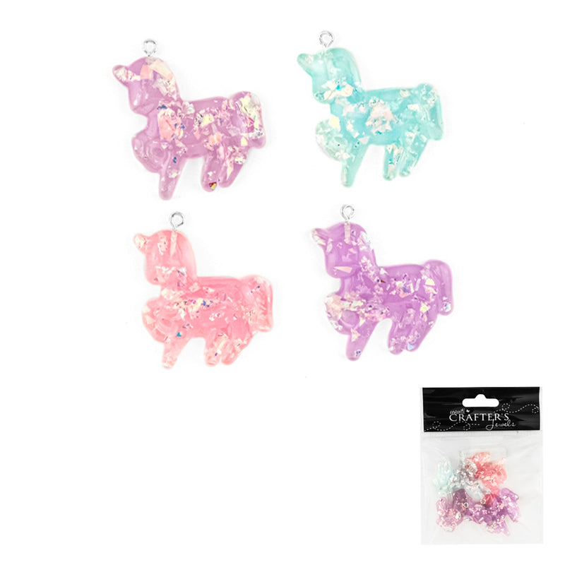 Unicorn Pendant, Resin and Glitter, 4 Pieces