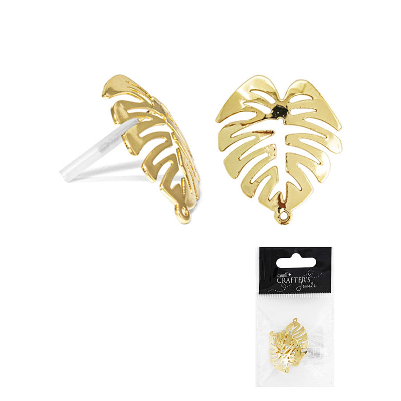 Leaf Earring Stud With Hole, Light Gold Color, 2 Pieces