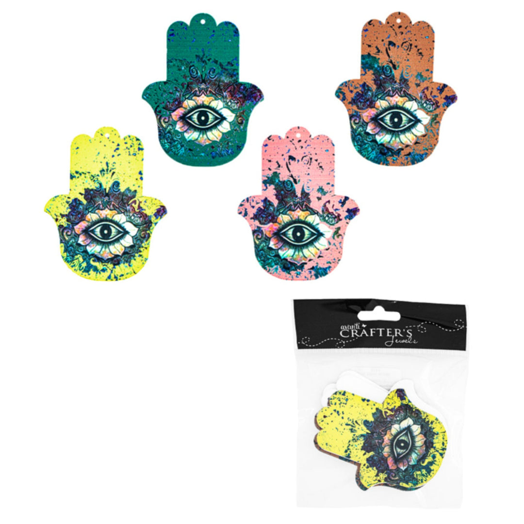 Wooden Hamsa Hand Pendant, Variety Colors, 4 Pieces, 12-Pack