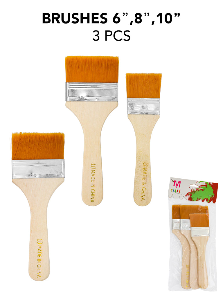 Wooden Paint Brushes, 10", 8", 6" inch, 3 Pieces