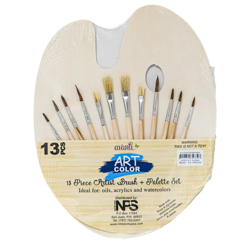Art Brushes & Palette Set, Various Brush Sizes, Wooden Textures, 13 Pieces