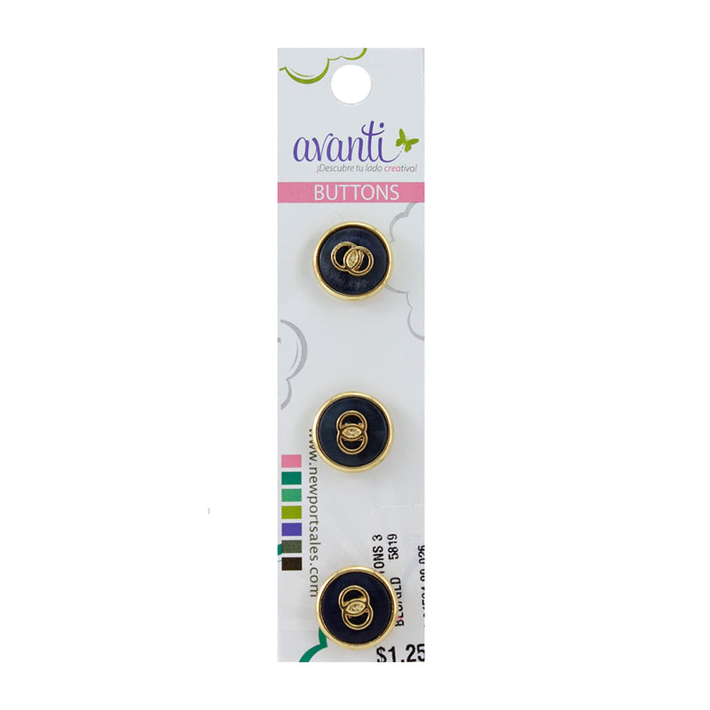 Fashion Button with Shank Attachment, 15mm, Black and Gold, 12-Pack