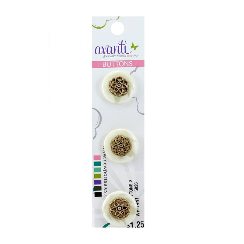 Fashion Buttons with Shank Attachment, 18mm, White and Gold