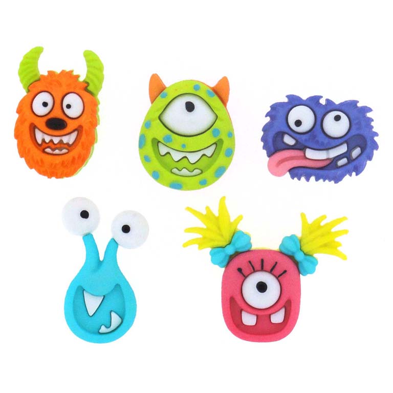 Mad for Monsters Shank Buttons, 25mm, 5 Colorful Pieces