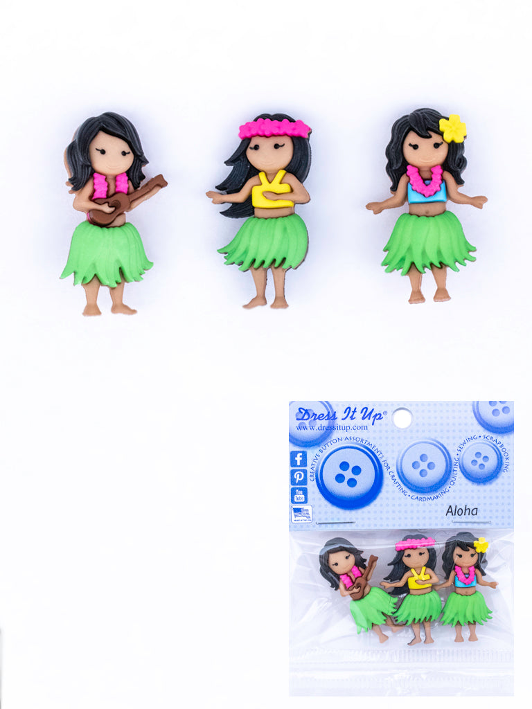 Hawaiian Girl Buttons, Decorative Shanks, 55 lignes - 35mm, 3-Pack