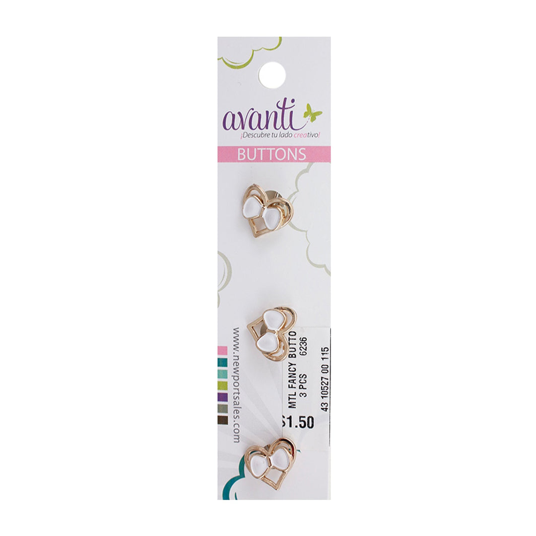 Heart and Bow Decorative Button, 22mm, Gold Color, 6-Pack