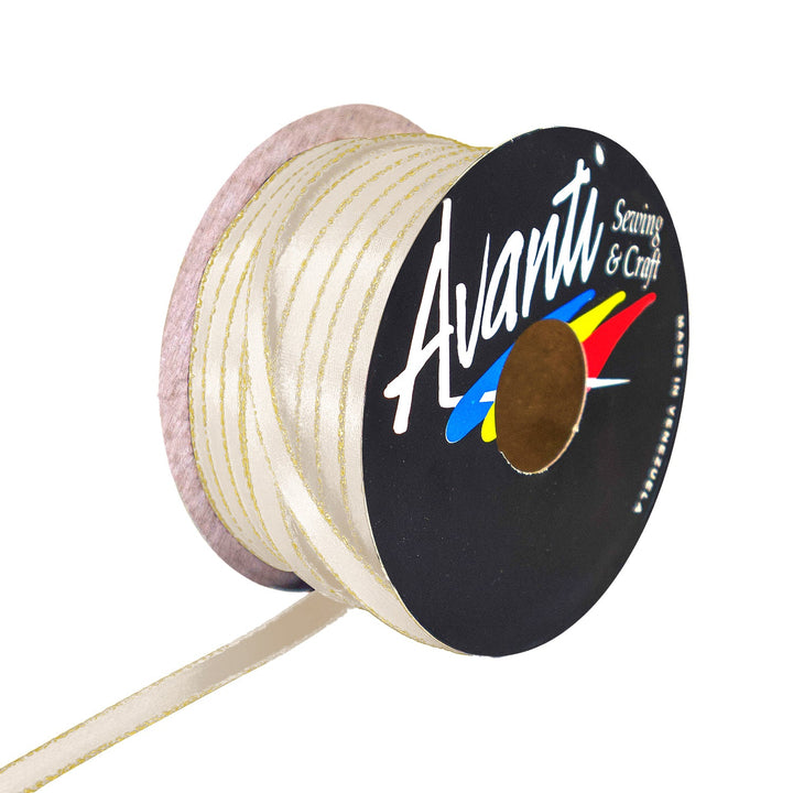 Avanti Satin Ribbon with Metallic Edge in Gold or Silver, 1/4 inch (6mm), Double Face, 50 yds