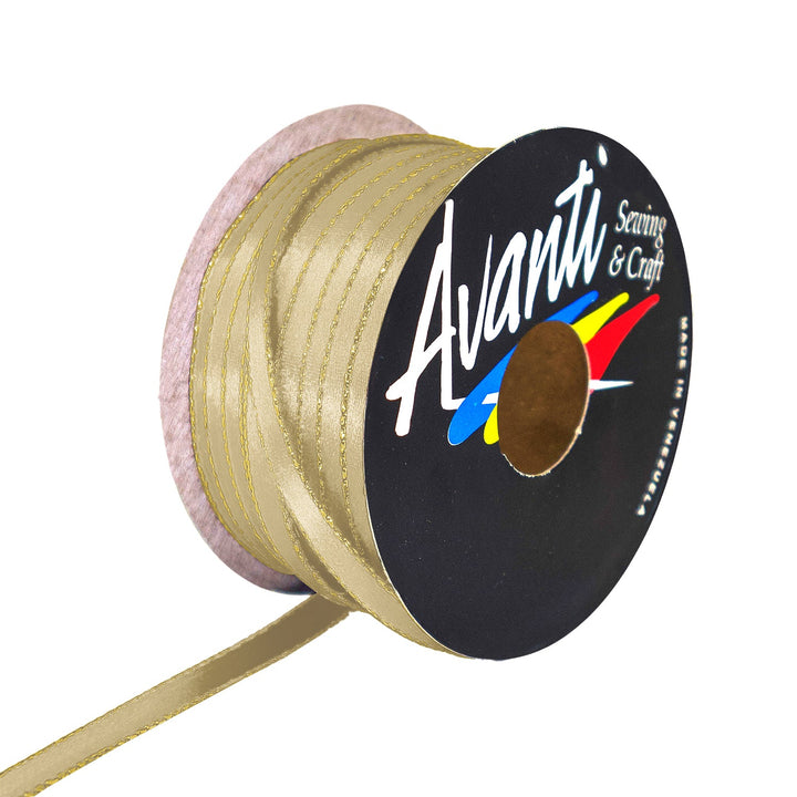 Avanti Satin Ribbon with Metallic Edge in Gold or Silver, 1/4 inch (6mm), Double Face, 50 yds