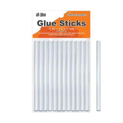 All Gloo Hot Glue Sticks, 4" Long x 1/4" Diameter, Clear, 12-Pack