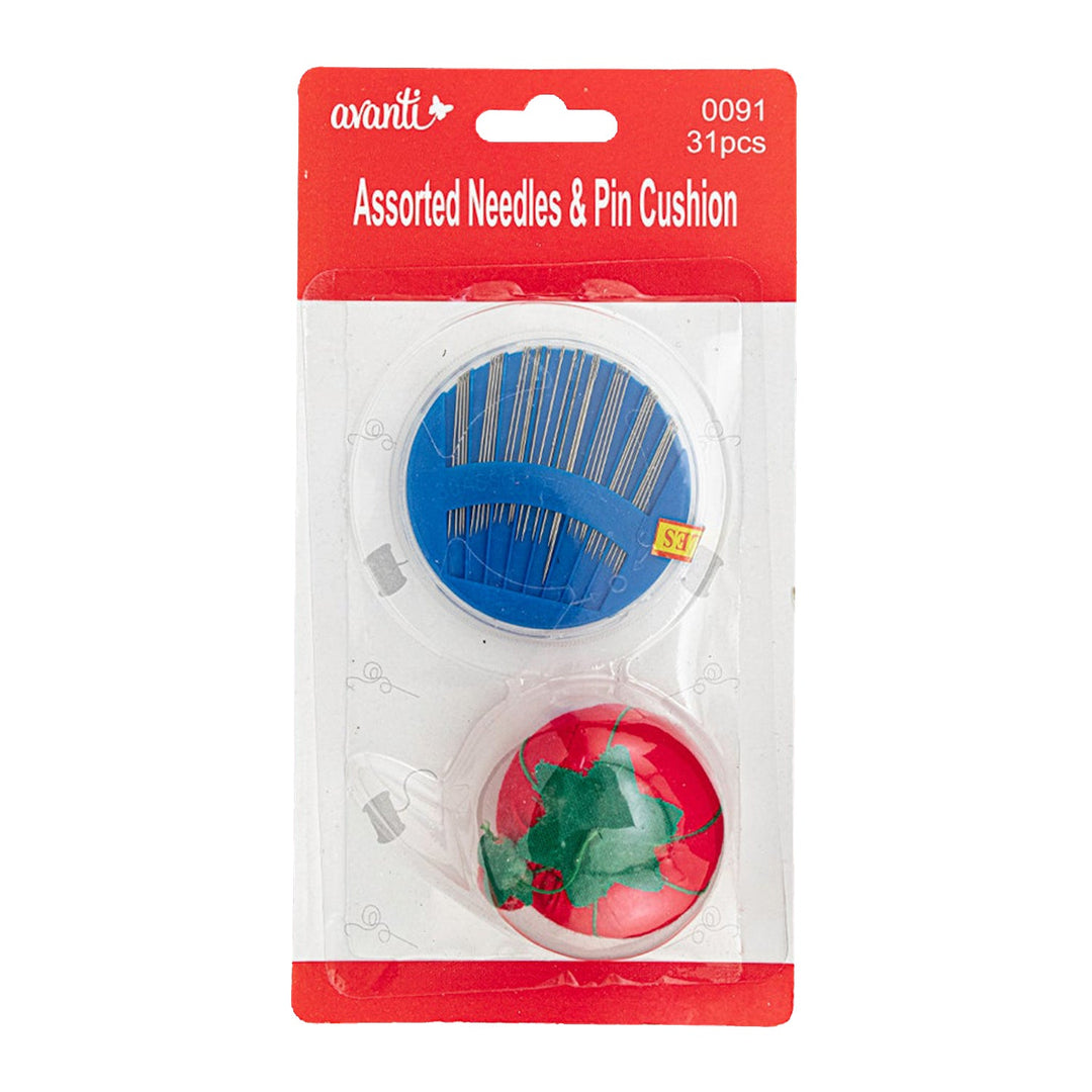 Avanti Assorted Needles & Tomato Pin Cushion with Handy Pin Sharpener – 31 pcs – Made in China – Retail